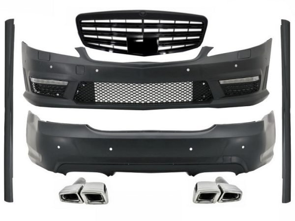 Body Kit LWB suitable for Mercedes S-Class W221 (2005-2011) with Central Grille Piano Black and Exhaust Muffler Tips Tail Pipes