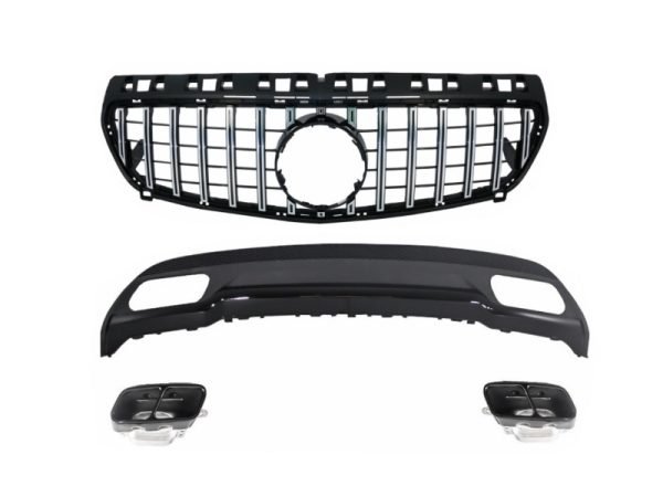 Rear Bumper Air Diffuser with Exhaust Tips Tailpipe suitable for Mercedes A-Class W176 (2012-up) and Central Grille GT-R Panamericana Design Sport Pack