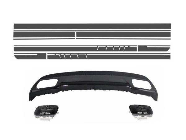 Rear Diffuser and Exhaust Tips Tailpipe suitable for Mercedes A-Class W176 (2012-up) Sport Pack with Side Decals Sticker Vinyl Dark Grey