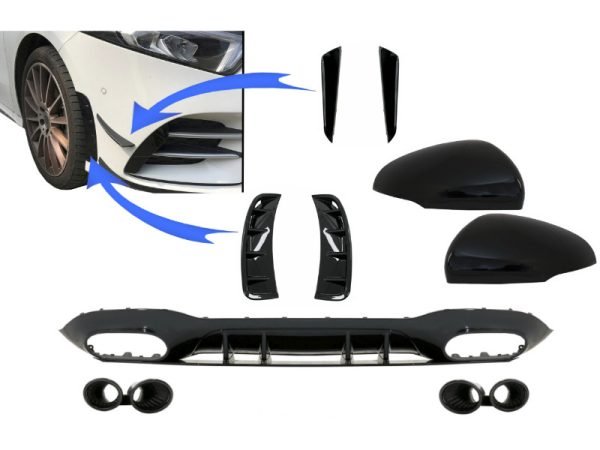 Rear Diffuser with  Front Side Vents and Flaps Side Fins & Mirror Cover suitable for Mercedes A-Class V177 Sedan (2018-up) Black Exhaust