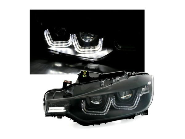 LED Headlights suitable for BMW 3 Series F30 F31 (10.2011- 06.2015) Double U 3D Xenon Look Black - Slika 2