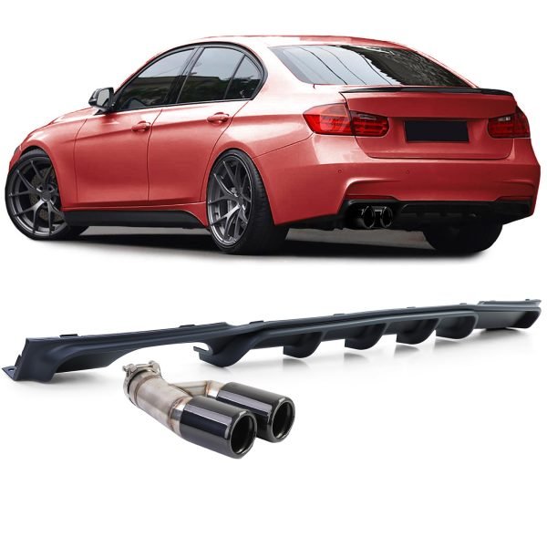 Rear diffuser in matt black with black double tailpipe for BMW F30/F31