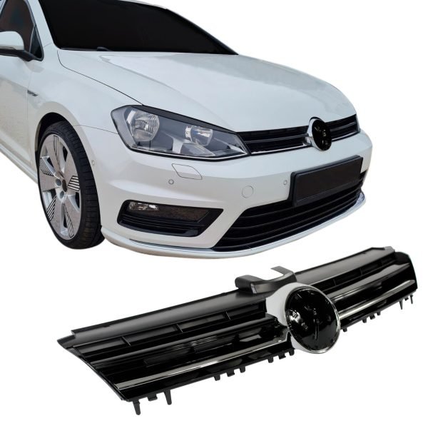 Front Grille badgeless, black glossy with chrome strip R Look  suitable for VW Golf MK7 year 08.2012 - 2017, for hatchback & variant