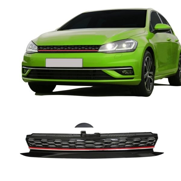 Front Grille badgeless, black honey-comb mesh with red/chrome stripe suitable for VW Golf 7 Facelift, 2017-