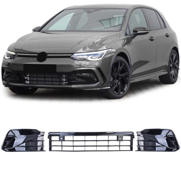 3-piece gloss black honeycomb front bumper grille for VW GOLF 8 GTI GTD R-LINE